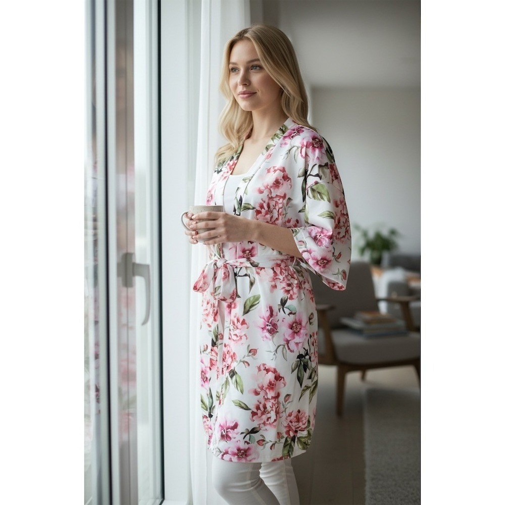 Show‎ Me Your Mumu Brie Robe Womens M Pink Floral Kimono Belted Wrap